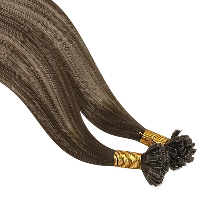 YoungSee U Tip Hair Extensions Human Hair Highlight Brown with Blonde Utip Hair Extensions Human Hair Brown U Tip Hair Extension Highlight Keratin Hair Extension for Women 16In 1G/S 50G