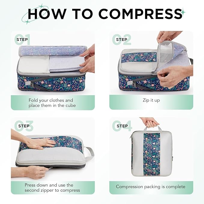 10 Set Compression Packing Cubes for Travel Essentials,Compressible Expandable Packing Cubes for Suitcase,OlarHike Luggage Organizer Bags,Handy Helper for Organizing Clothes(Dark Blue Floral)
