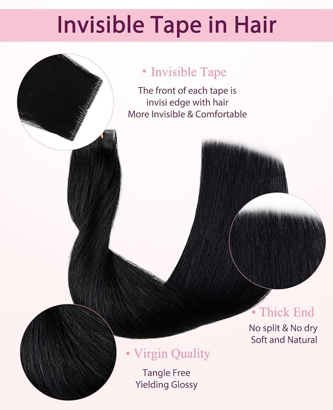 Pinkpearl Invisible Tape in Hair Extensions Human Hair, 20pcs 22inch 60g #1 Jet Black Injection Tape in Extensions Real Remy Straight Seamless Silky Human Hair Injected