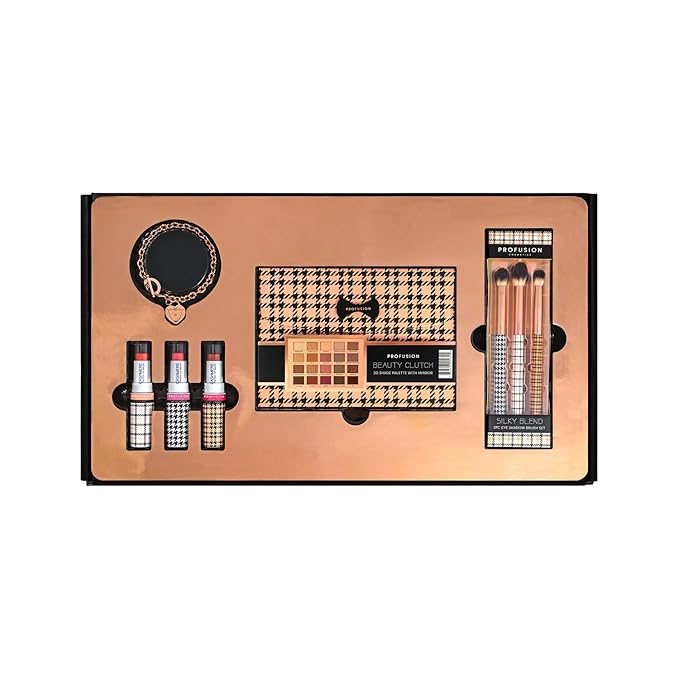 Profusion Cosmetics Beverly Hills PR Box, Includes Beauty Clutch 20 Shade Palette with Mirror, 3 Pc Eyeshadow Brush Set, and Lip Balm Trio to Enhance Your Beauty Routine