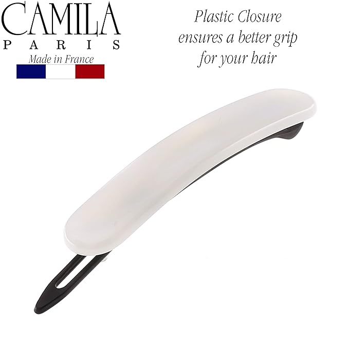 Camila Paris CP2822 French Hair Barrette Clip for Girls, Handmade, White, Metal-Free Closure Strong Hold Grip Hair Clips for Women, No Slip and Durable Styling Girls Hair Accessories, Made in France