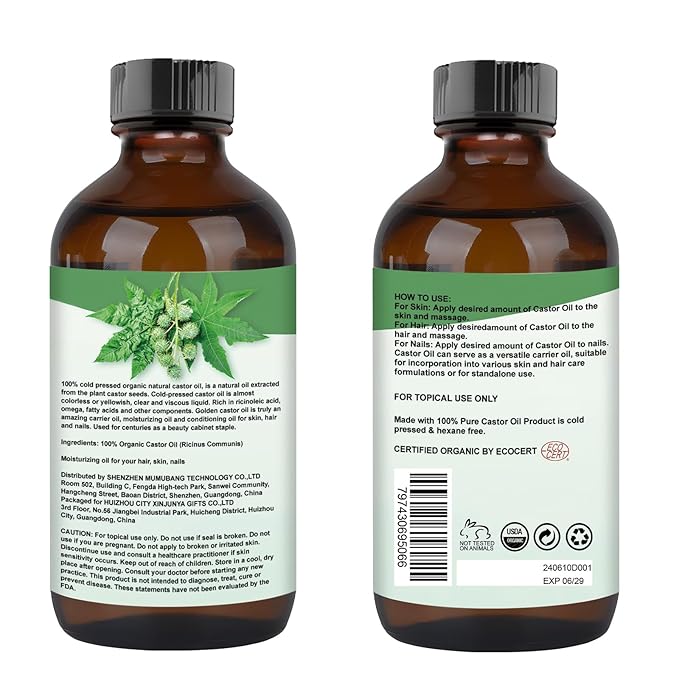 Organic Castor Oil for Body,Castors Hair & Lashes Brow Oils, USDA Certified 100% Pure Natural Glass Bottle, Cold Pressed, Hexane Free. Castor Oil for Hair Growth, Thicker Fuller Brows, 4.22oz