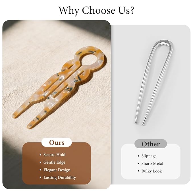 10 Pcs Prestige French Hair Pins for Women, Retro Acetate French Twist Hairpin Thin Thick Hair Clips Elegant Decorative U-shaped Hair Accessories for Updos Chignons & Buns