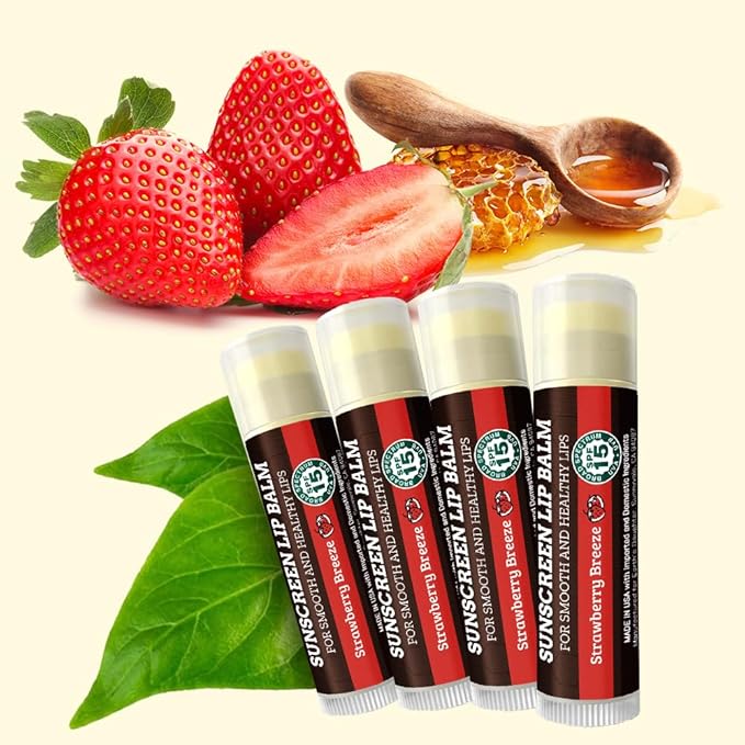 SPF Lip Balm 4-Pack by Earth's Daughter - Lip Sunscreen, SPF 15, Organic Ingredients, Strawberry Flavor, Beeswax, Coconut Oil, Vitamin E - Hypoallergenic, Paraben Free, Gluten Free