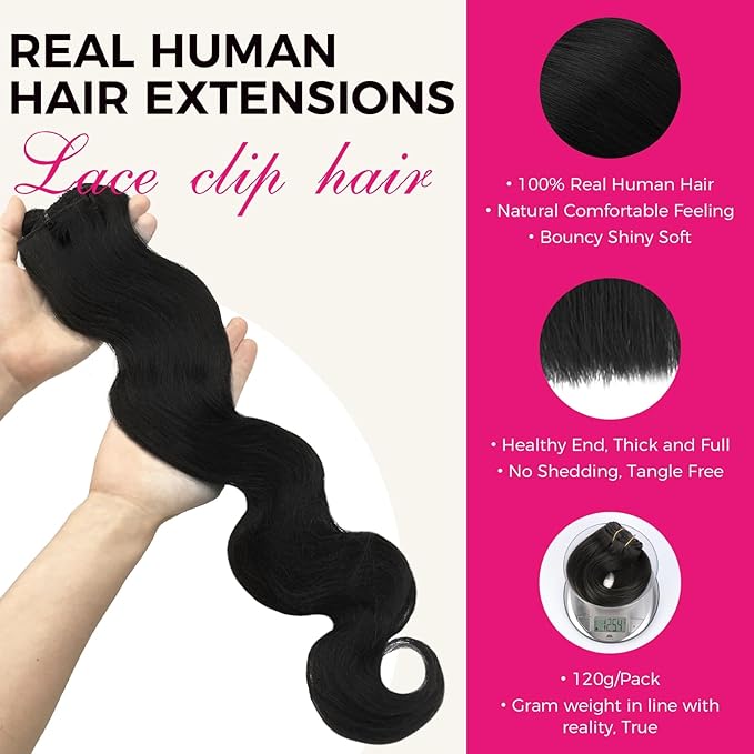 Lashey Clip in Hair Extensions Real Human Hair, Body Wave Hair Natural Black #1B 7pcs 120g 22 Inch Clip in Hair Extensions Remy Human Hair with Lace Weft