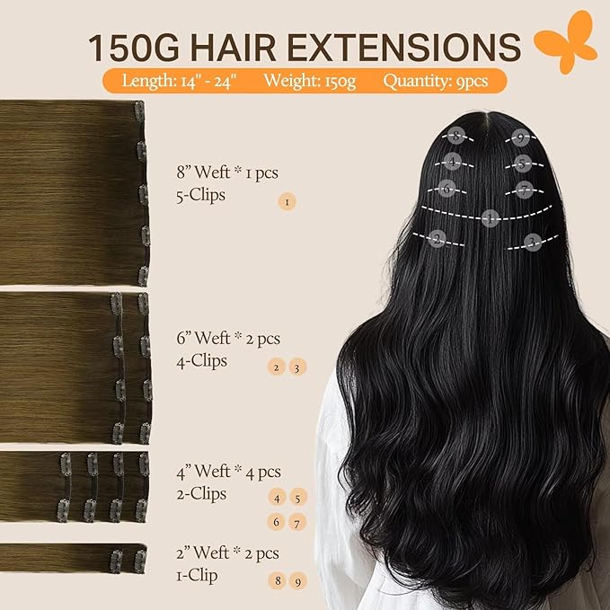 DOORES Real Human Hair Extensions - Chocolate Dip Color Melt, 18 Inch, 150g, 9pcs Clip in Remy Hair, Thick Natural Look