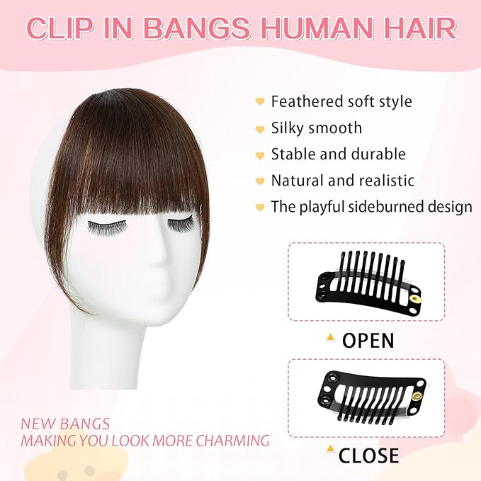 Clip in Bangs 100% Real Human Hair, French Bangs Hair Clip, Fake Bang Fringe with Temples Hairpieces for Women Daily Wear (Medium Brown, French Bangs)