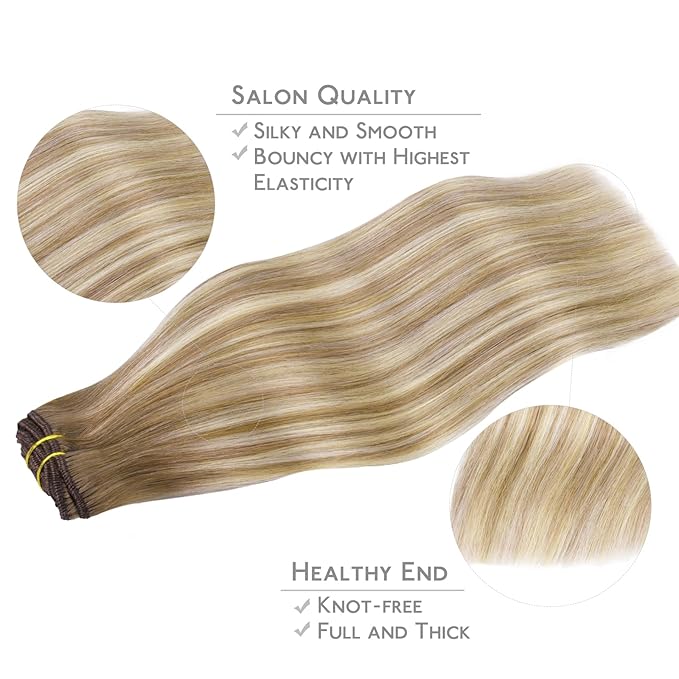 WENNALIFE Clip in Hair Extensions Real Human Hair, 14 Inch 120g 7pcs Balayage Dirty Blonde with Platinum Ends Remy Hair Natural Double Weft