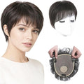 Short Human Hair Topper for Women with Hairloss,Invisible Clip in Straight Topper Hairpiece with Large Mesh 6.3x7 Ins and Silk Top Base Natural Fluffy Wiglet Hairpiece Dark Brown