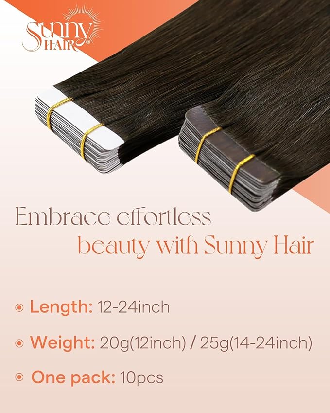 Sunny Hair Tape in Hair Extensions Real Human Hair Invisible Remy Hair Extensions Tape ins for Women Dark Brown 14 inch 25G