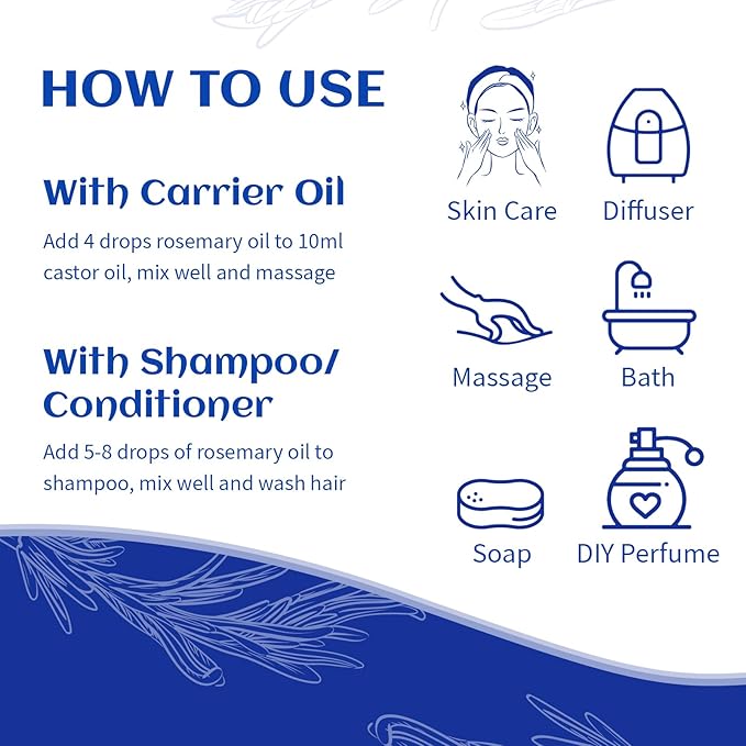 HIQILI Rosemary Oil for Hair Growth, Skin, Scalp, 100% Pure Natural, Add to Shampoo & Conditioner - 0.33 Fl Oz/10 ML