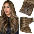 Full Shine Clip in Hair Extensions Dark Brown Human Hair Clip ins with Caramel Blonde Highlights Invisible Clip in Hair Extensions Human Hair 20 Inch PU Weft Add Volume 8 PCS 120 G
