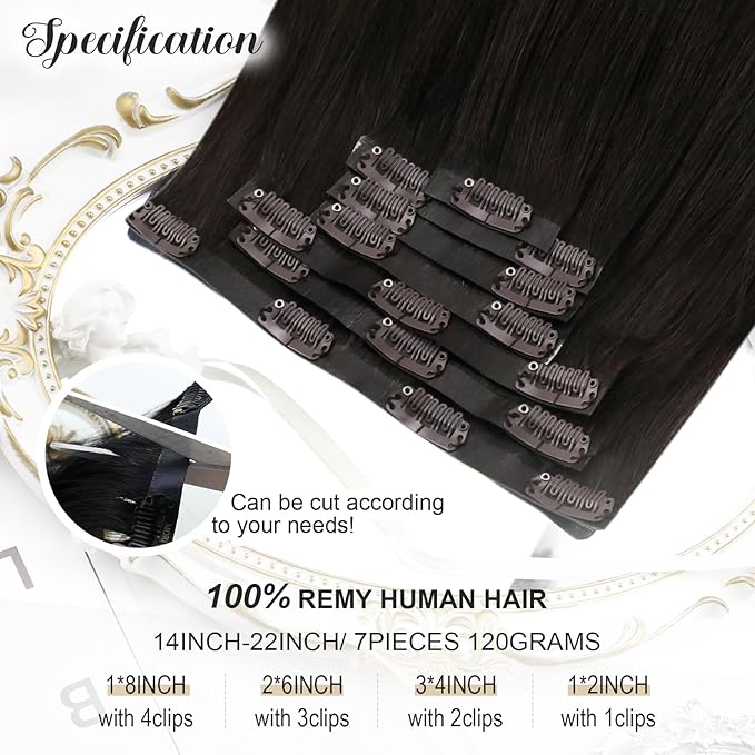 Moresoo Brown Seamless Clip in Hair Extensions Human Hair Remy Dark Brown Hair Extensions Clip ins Long Full Head Invisible 120g/7pcs 18 inch