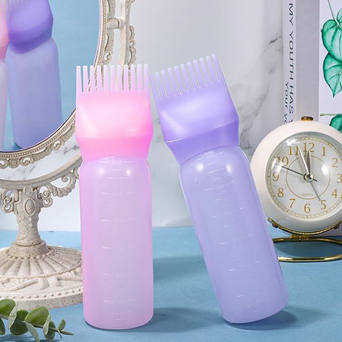 Pimoys Root Comb Applicator Bottle 6 Ounce, Oil Applicator for Hair Dye, Hair Oiling Bottle Brush with Graduated Scale, Pink