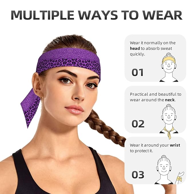 Men's Women Novelty Sports Sweat Bands Hair Decor for Sports Workout Spa, Long Boho Style Purple Glitter Pattern Cheetah Leopard Print Head Band Headdress