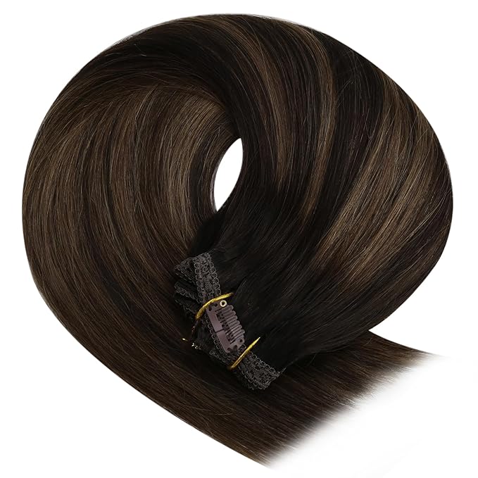 YoungSee Clip in Hair Extensions Balayage Dark Brown Mix Medium Brown Real Human Hair Extensions Clip ins Brunette Clip in Hair Extensions Human Hair for Women 24Inch 120G 7Pcs