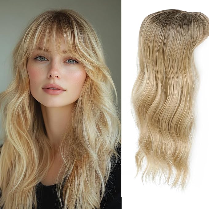 Hair Topper, 360° 3D Hair Toppers for Women with Thinning Crown, 20 Inch Long Wavy Curly Hair Pieces Clip in Bangs (Highlights Champagne Blonde with Brown Root, 20 inch, French Bangs)