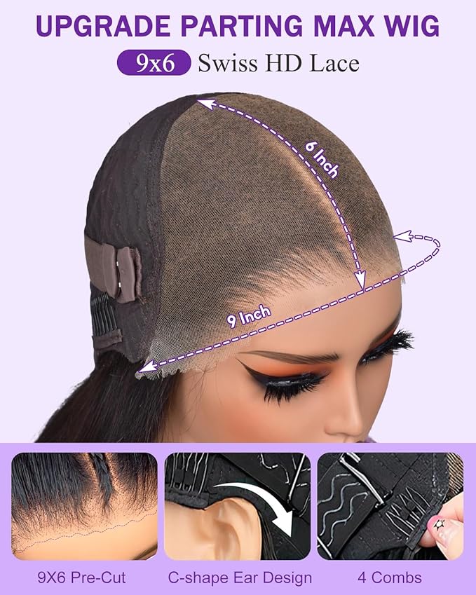9x6 SKINLIKE Real HD Lace Closure Wig, Straight 180% Density 0.10mm Ultra-thin Swiss Lace Pre-plucked Bleached Small Knots With Baby Hair Natural Black Human Hair Wigs 22 Inch