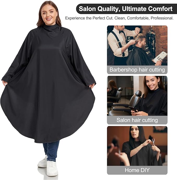 PERFEHAIR Barber & Salon Cape with Soft Silicone Collar & Sleeves | Breathable Hair Cutting Cape with Underarm Mesh | Large, Lightweight & Hair & Water Repellent, Black