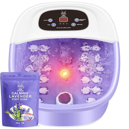 Foot Spa Bath Massager with Heat Bubbles and Vibration Massage and Jets, 16 OZ Calming Lavender Foot Soak Epsom Salt, MoodRelish Foot Soaker With Red Light, 22 Massage Rollers, Adjustable Temp -Purple