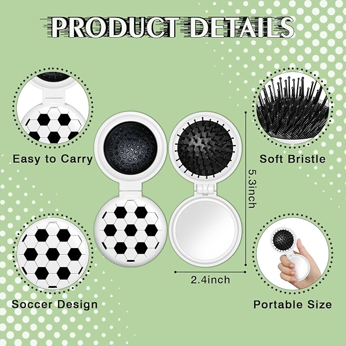 12 Pcs Soccer Mini Detangler Brush, Folding Mirror Hair Brushes, Mini Travel Hair Brush, No Tangle Soft Flexible Bristles for Straight, Curly, Thick Hair for Soccer Team Gift Sport Party