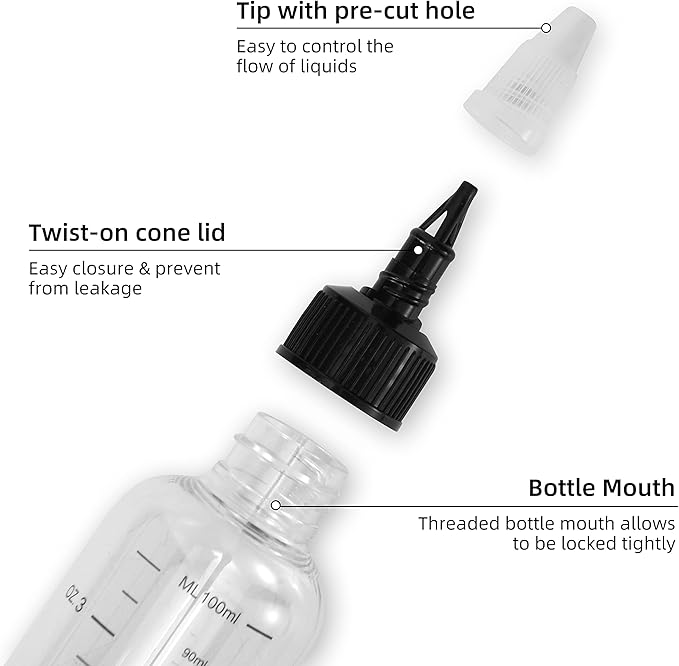 driew Applicator Bottles for Hair, 16.9oz Hair Squeeze Bottle for liquids Twist-On Top Tip Cap with Ratio Graduated Scale Color Applicator Bottle Dye Pack of 2 (3.4oz)