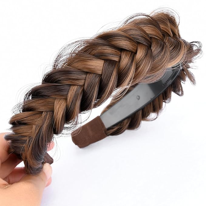DIGUAN Wide Messy Braided Headband With Teeth Synthetic Hair Plaited Headband High Elasticity Braids Chunky Fishtail Braided Hair Band for Girls Women (Chocolate Toast)