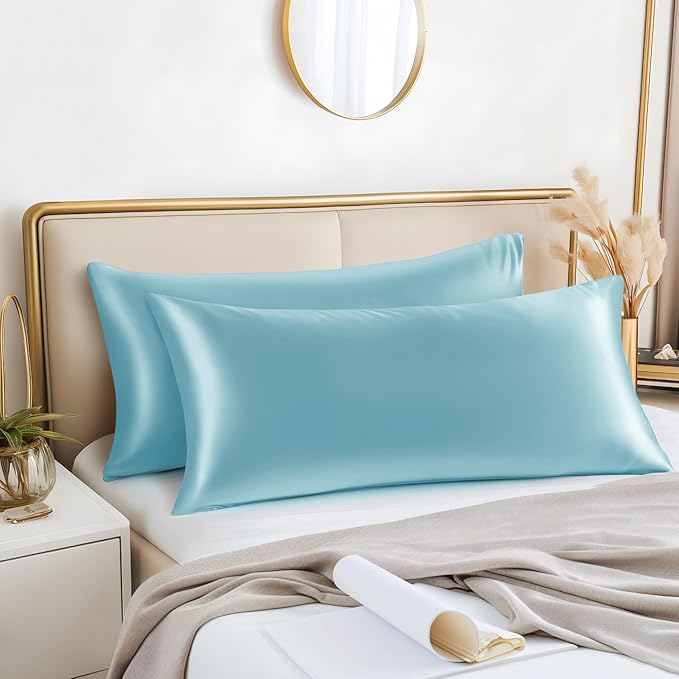 BEDELITE Satin Body Pillow Cover 2 Pack, Super Soft and Cooling Body Pillow Pillowcase for Hair and Skin, Breathable Silky Full Long Pillowcase Cover(20"x54", Blue)