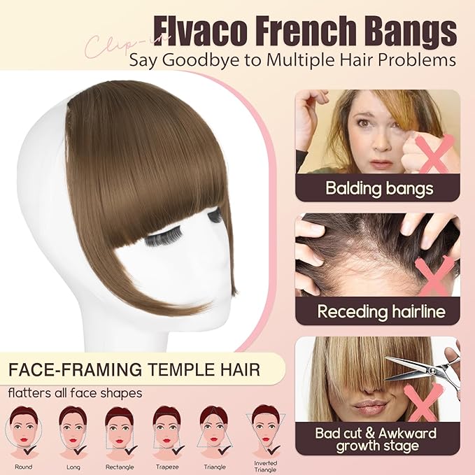 Clip in Bangs, Synthetic French Bangs Hair Clip, Light Chestnut Brown Fake Bangs Fringe with Temples Hairpieces for Women Natural Curved Hair Extensions for Daily Wear