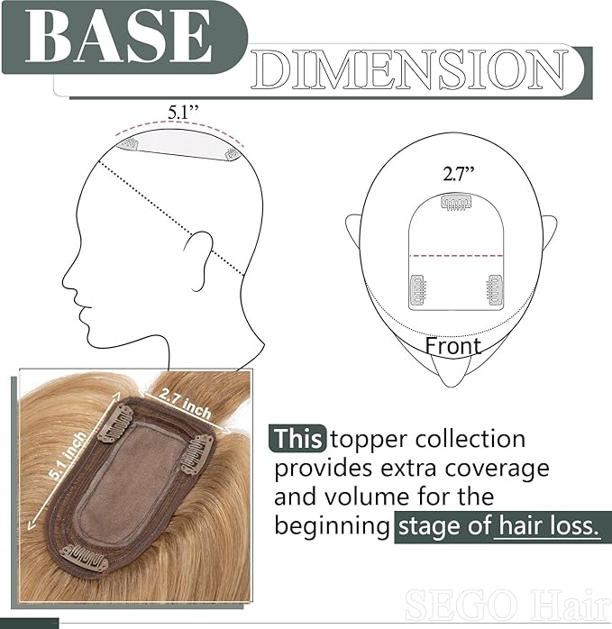 SEGO Hair Toppers for Women Real Human Hair with Thinning Hair, Toppers Hair Clip in Toppers Straight with Front Bangs 150% Density Silk Base -12 Inch #27 Dark Blonde