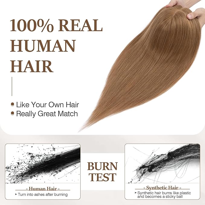 Rich Choices Hair Toppers for Women Real Human Hair 100% Human Remy Toppers NO Bangs for Women with Thinning on Top Clip in Hairpiece 4"x4.7"Lace Base 18 Inch #6 Light Brown
