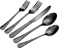 Floral 20 Pcs Black Silverware Set for 4, Food Grade Stainless Steel Flatware Set with Rose Flower Embossed Design, Eating Utensils Sets Include Fork/Knife/Spoon, Reusable Cutlery Set, Dishwasher Safe