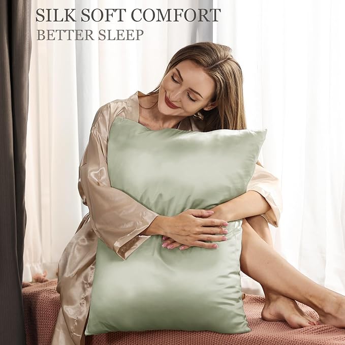 Adubor 100% Silk Pillowcase - Mulberry Silk Pillow Cases, 23 Momme 6A Grade Fibers, Silk Pillow Case for Hair and Skin Health, with Hidden Zipper (Standard 20''×26'', Pea Green, 1PC)