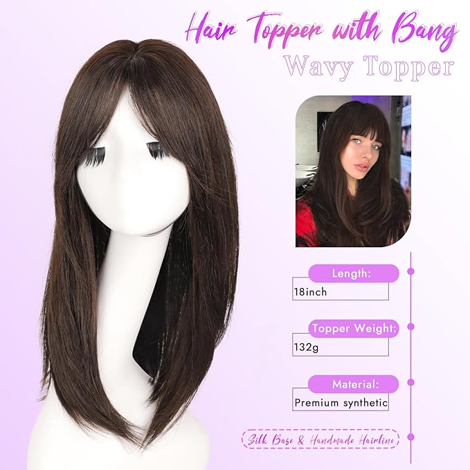 Hair Topper for Women Clip in Bangs – 18 Inch Medium Length Straight 360° Full Coverage Ginger,Synthetic Natural Looking Piece for Thinning Hair