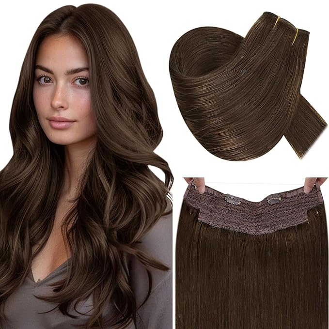 RUNATURE Wire Hair Extensions Real Human Hair Brown, Invisible Wire Hair Extensions 16 Inch, Remy Straight Hair for Party, Natural Looks, Can be Styled #4