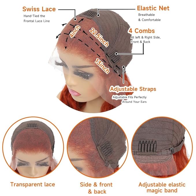28inch Ginger Wig Human Hair 13X4 180% Density Ginger Orange Lace Front Wigs Human Hair 350 Colored Straight HD Transparent Lace Frontal Wigs Human Hair Pre Plucked With Baby hair