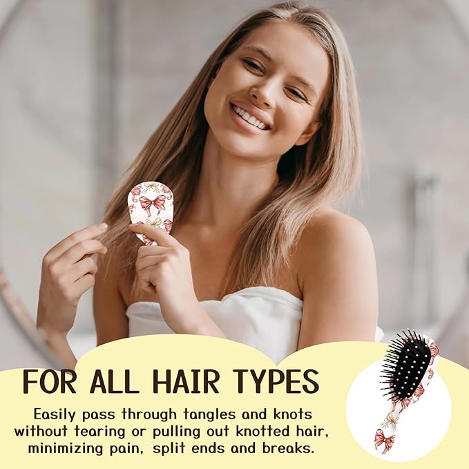 Mini Hair Brush,Cute Detangling Travel Hair Brush,Soft Bristles for Effortless Tangle Removal,Detangler Hairbrush for Women Men Boys Girls Kids Wet Dry All Hair Types (Pink Bow, Mini)