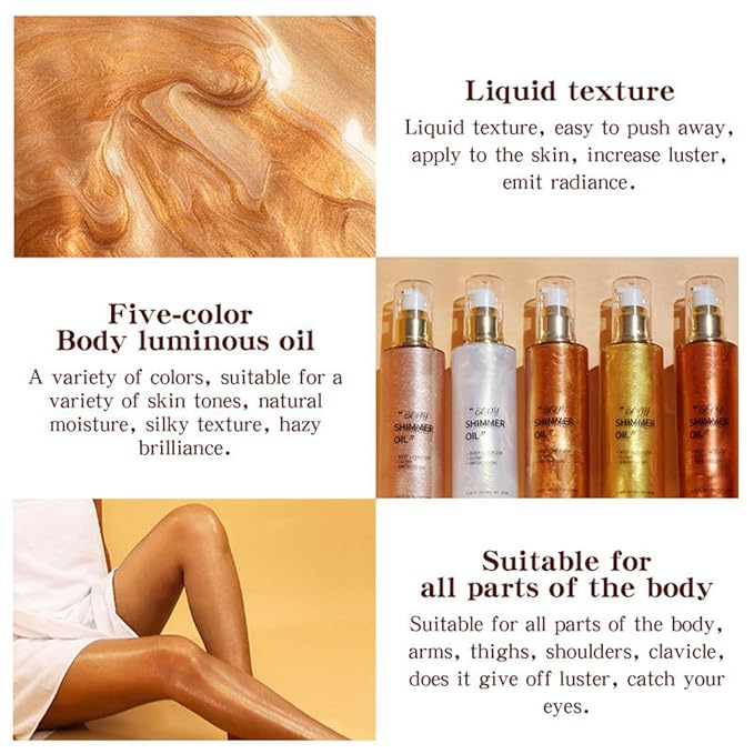 MAEPEOR Shimmer Body Luminizer 5 Colors Moisturizing Glow Illuminator Smooth and Non-sticky Summer Body Highlighter For Face & Body (80ML, 04 Golden Brown)