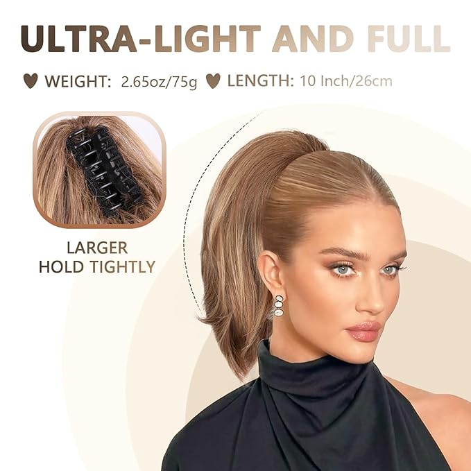 10 Inch Short Ponytail Extension - Clip in Ponytail Hair Extensions, Straight Pony Tails Hair Extensions, Synthetic Claw Clip Ponytail Extension for Women (Color: Light Brown Mixed Blonde)