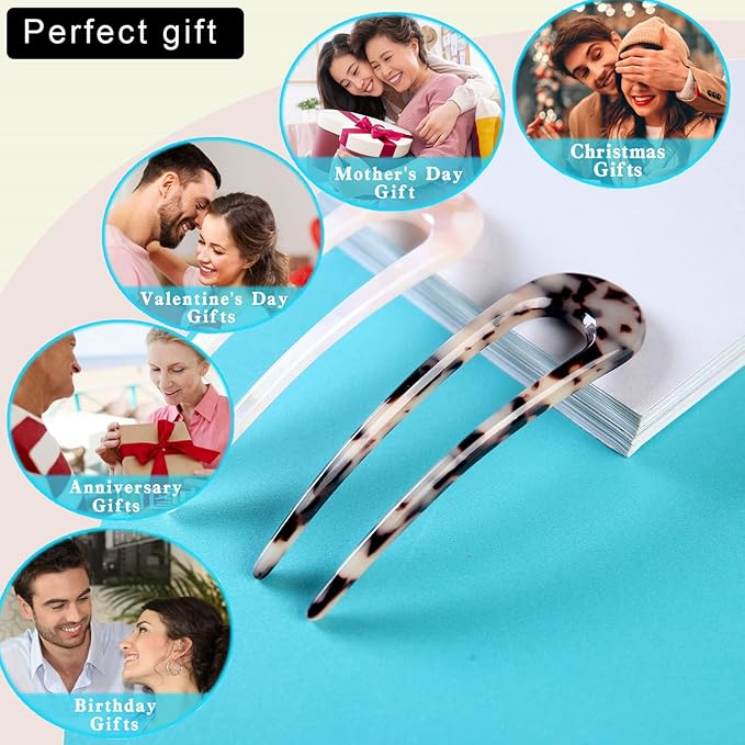 French Hair Pins Tortoise Shell French Hair Forks U Shaped French Pins 2 Prong Hair Sticks Acetate Chignon Pin for Women Hairstyle Accessories 2 Pack
