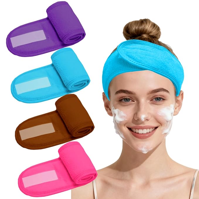 4 Pack Adjustable Makeup Headbands – Non-Slip Spa & Facial Hair Wrap, Washable Headband for Shower, Yoga, Gym, Salon & Home Use (Fits All),HZFD-BA