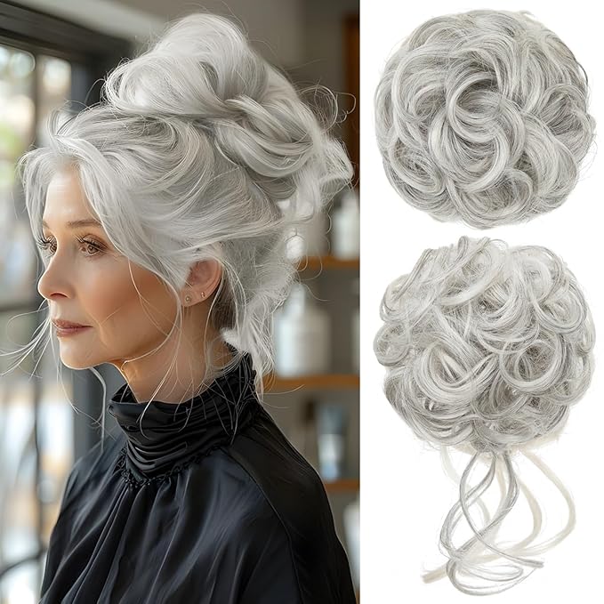 CJL HAIR 2PCS Messy Bun Hair Pieces Wavy Curly Synthetic Updo Chignon Fake Scrunchies Ponytail Extension for Women Grey Multi