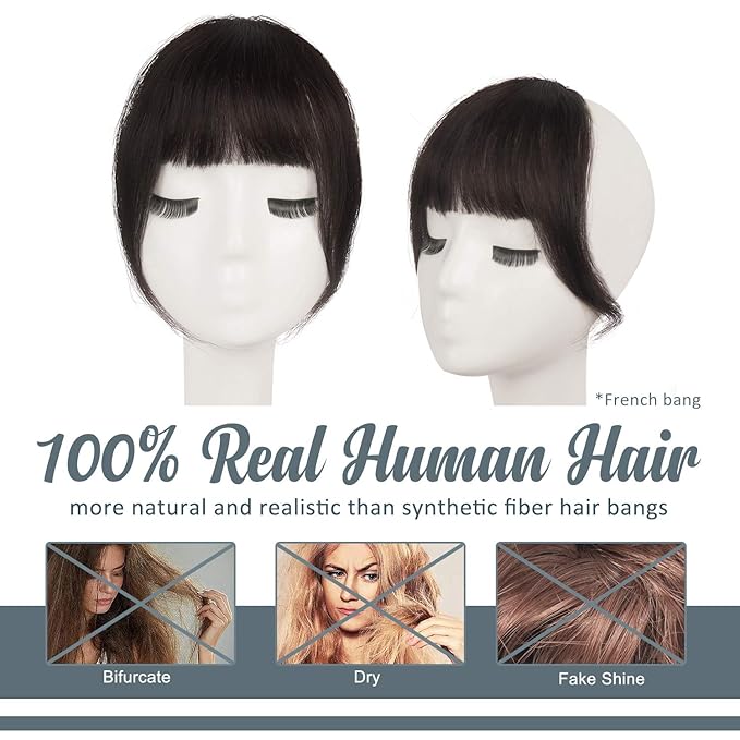 BARSDAR Clip in Human Hair Bangs - 100% Real Human Hair Clip in Bangs for Women - Dark Brown French Bangs Fringe with Temples Real Hair Bangs Extensions Hairpieces - Dark Brown