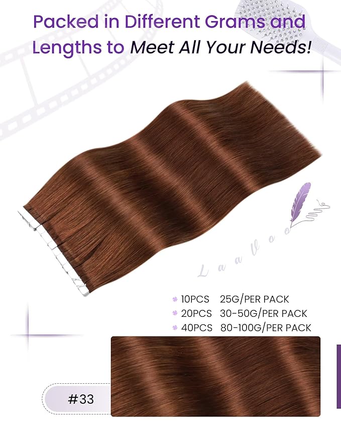 LaaVoo Tape in Extensions Human Hair Auburn Brown Hair Extensions Tape in Seamless Tape on Hair Extension Soft Hair 14inch 40pcs 100g