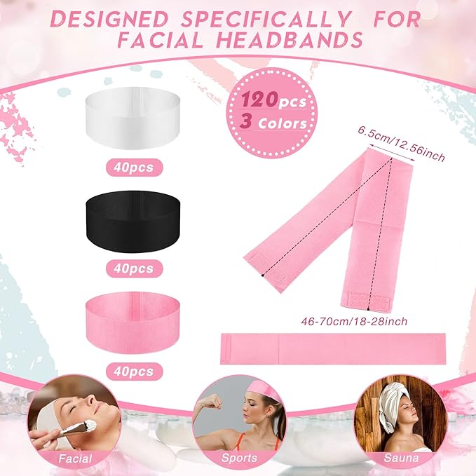 Hanaive 120 Pieces Disposable Headbands for Facials Spa Headbands with Convenient Closure Stretch Non Woven Skin Care Hair Band Soft for Women Salons Face Washing, Shower, Pink, Black, White