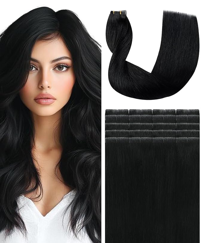 SURNEL Injected Tape in Hair Extensions Human 16inch Jet Black Upgraded Seamless Remy Invisible Tape in Extensions 20Pcs 35g(#1,16)