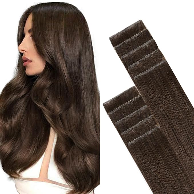 GOO GOO Invisi Edge Tape in Hair Extensions Human Hair, 4A Chocolate Brown, 10pcs 22inch 30g, Virgin Remy Hair, Seamless Injected Tape, Natural Look