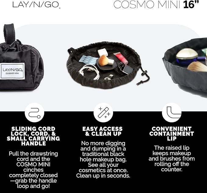 Lay-n-Go Cosmo Layflat Drawstring Cosmetic & Makeup Bag Organizer w/Zipper Pocket, Brush Loops & More, Cinch to Close, Lay Flat to Use, Durable, Machine Wash, Travel Toiletry Bag (16", Black)