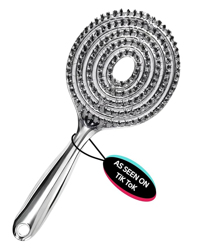 Vented Hair Brush Wet Dry Hair Brush for Quick Flat Blow Drying with Natural Boar Bristles Elastic Scalp Massage Brush Double Layer Design for Smooth Hair（Chrome Silver）