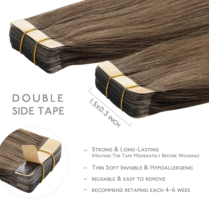 WENNALIFE Tape in Hair Extensions Human Hair, 20pcs 50g 16 inch Light Ash Brown Remy Hair Extensions Straight Human Hair Tape in Extensions Skin Weft Tape Extensions Human Hair